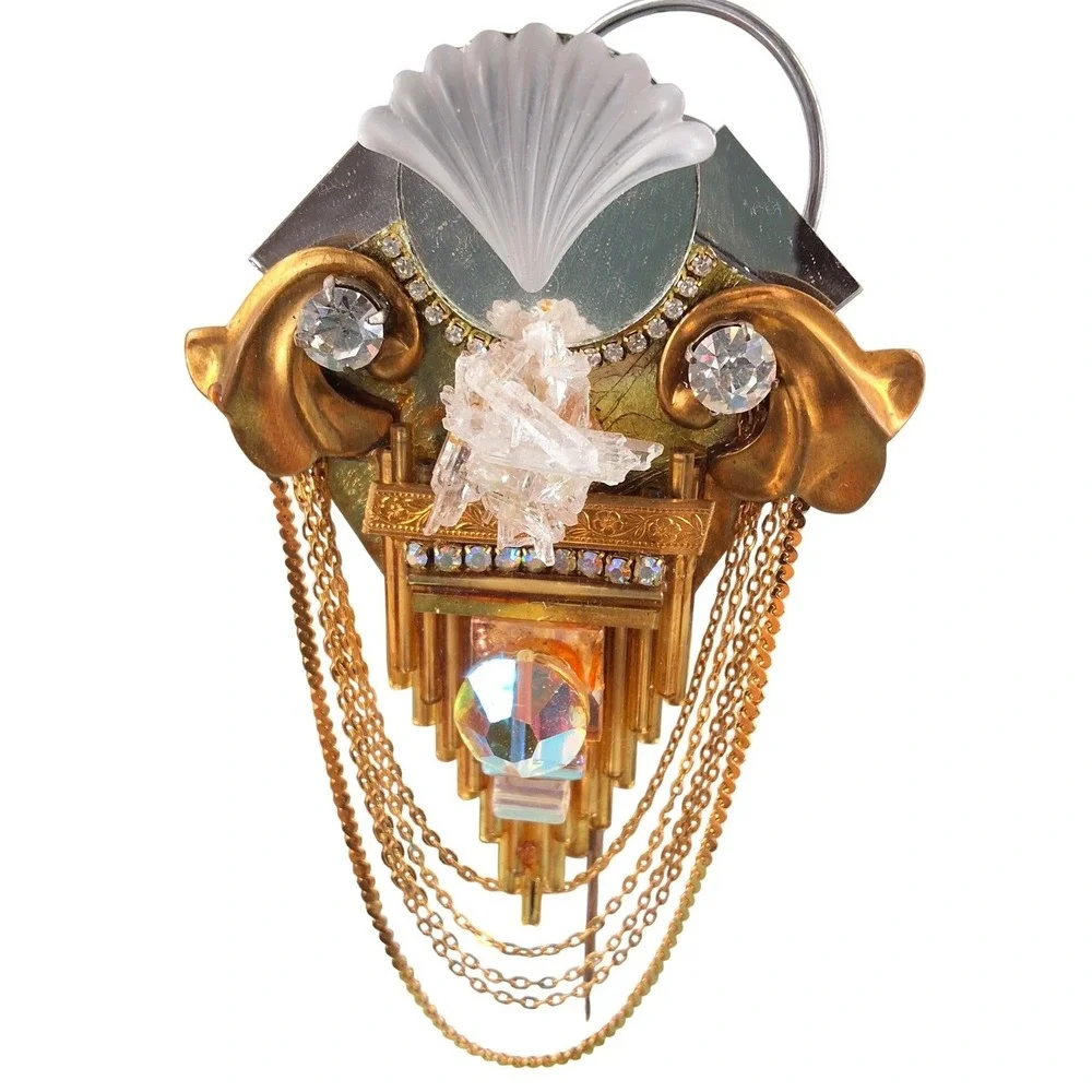 Art Deco Revival Assemblage Brooch - Quartz Crystal Shell & Draped Chain‎ Gold